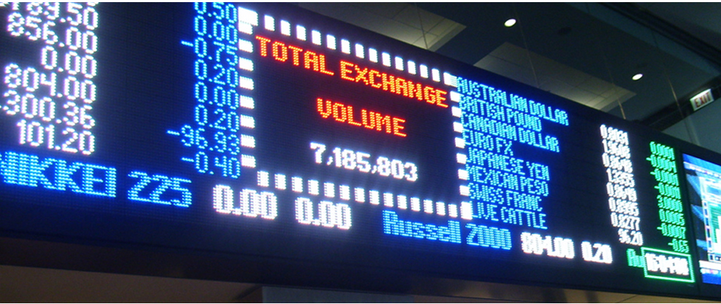 trading basics, exchange ticker board showing total exchange volume